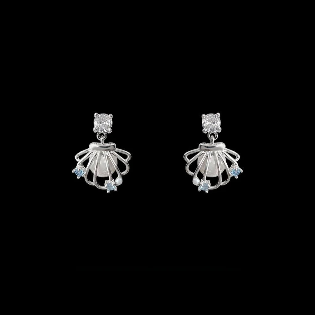 Sweet Hollow Shell Pearl Stud Earrings Copper Zircon Geometric Fresh Style Jewelry