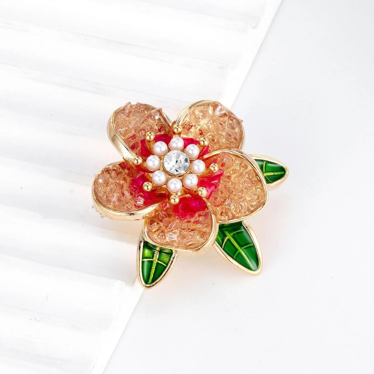 Elegant Korean Style Peony Flower Brooch With Pearl Beads Rhinestone Enamel Leaves Lapel Pin Suit Corsage Gift