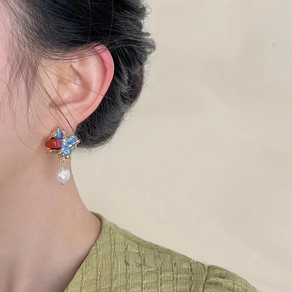 Vintage Baroque Freshwater Pearl Natural Stone Irregular Geometric Drop Earrings