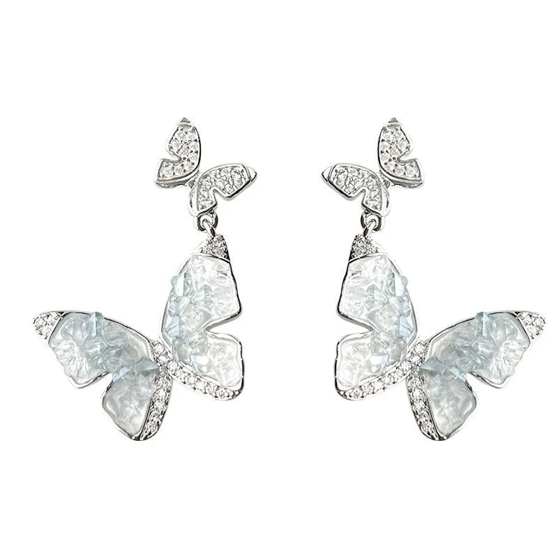 Glacier Blue Micro Pave Zircon Glass Crystal Butterfly Drop Earrings Sweet Copper Summer Jewelry