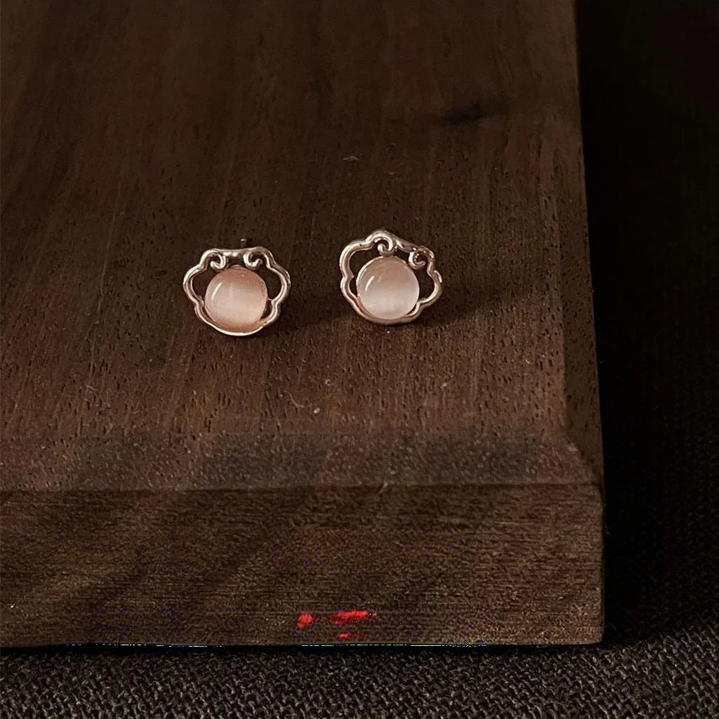 Chinese Style Mini Rose Gold Copper Ruyi Longevity Lock Glass Cat Eye Stone Stud Earrings