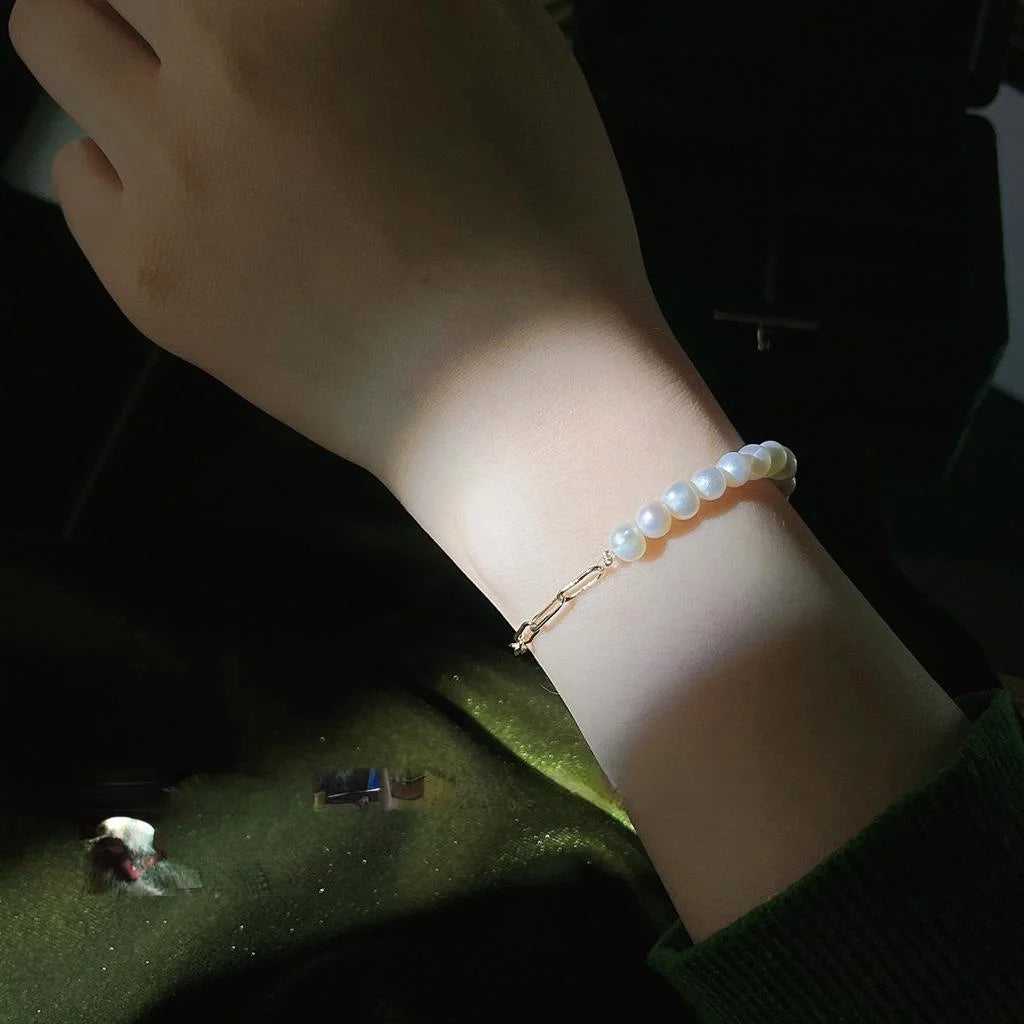 French Light Luxury Freshwater Pearl 14K Gold Plated Copper Handmade Geometric Bracelet