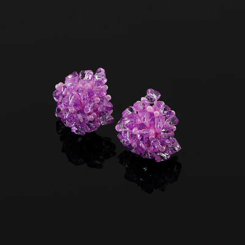 Elegant Purple Crystal Beaded Flower Stud & Clip On No Piercing Handmade Pearl Cluster Earrings