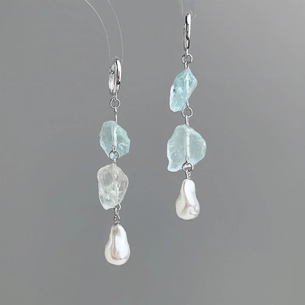 Fresh Elegant Handmade Blue Crystal Natural Stone Geometric Copper Drop Earrings For Women