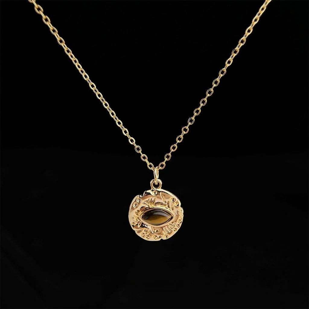18K Gold Plated Tiger Eye Stone Geometric Eye Pendant Collarbone Necklace