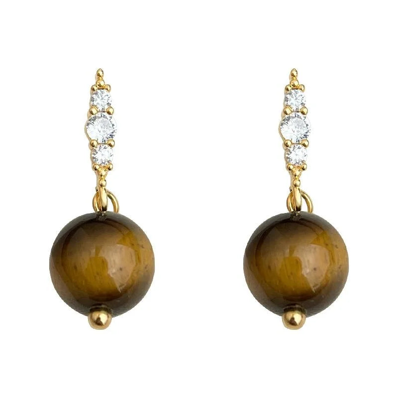 Natural Tiger Eye Zircon Geometric Round Drop Earrings Vintage Maillard Style for Women