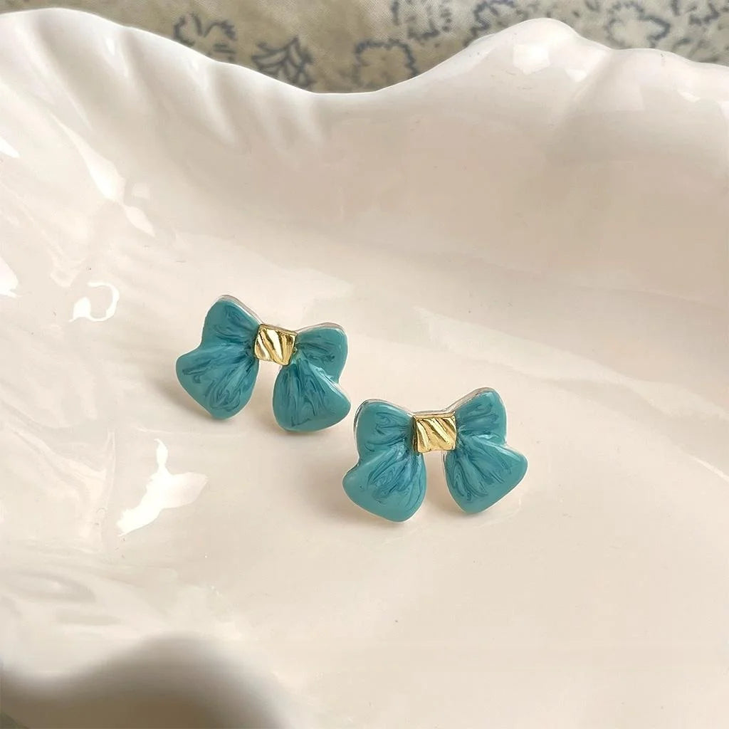 Fresh Sweet Sea Blue Bow Alloy Handmade Enamel Stud Earrings Elegant Summer Jewelry