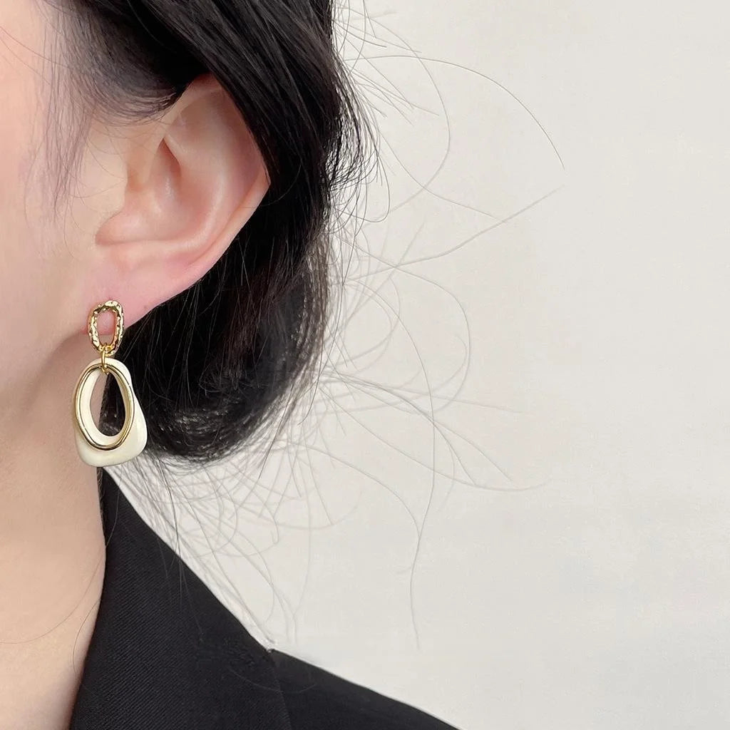 14K Gold Plated Copper Geometric Overlap Milky White Enamel Drop Earrings For Women