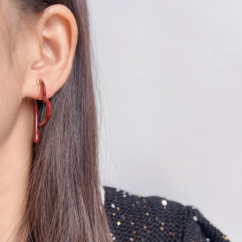 Elegant Burgundy Red Enamel Heart Spiral Hoop Alloy Stud & Clip On No Piercing Statement Drop Earrings
