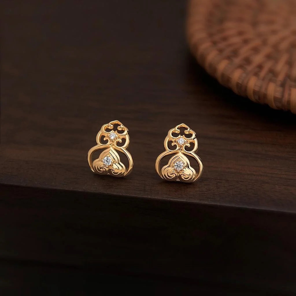 Light Luxury 14K Plated Copper Zircon Gourd Stud Earrings, Geometric Chinese Pattern Jewelry