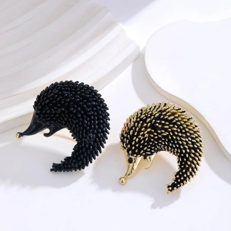 Cute Black Enamel Hedgehog Brooch Gold Alloy Rhinestone Animal Lapel Pin For Bags Suits And Gifts