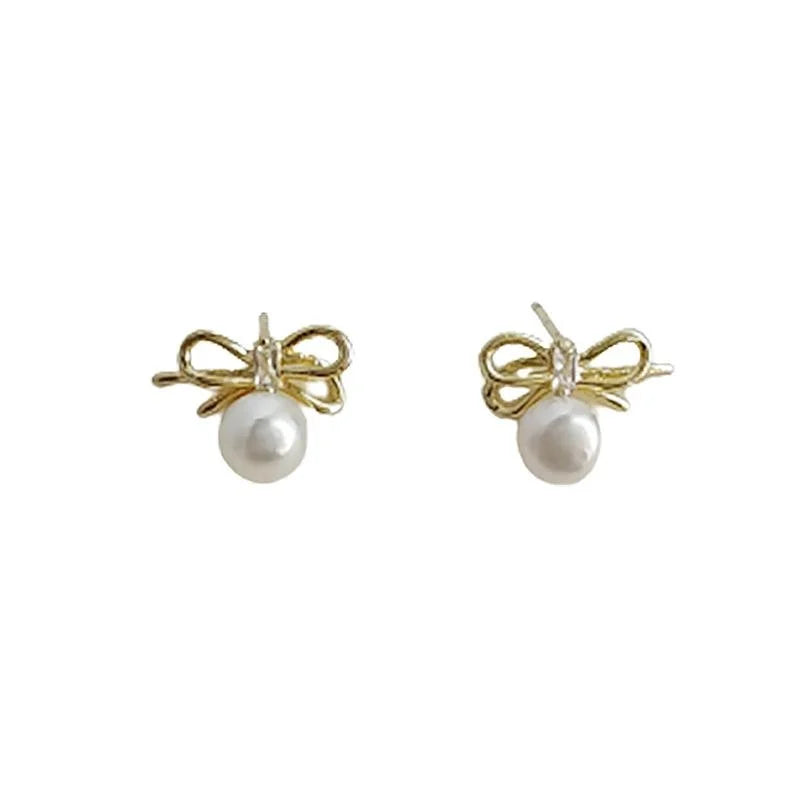 Fashion Bow Freshwater Pearl Stud Earrings Copper Hollow Rope Knot Sweet Commuter Jewelry