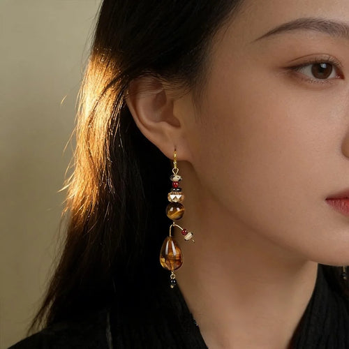 French Vintage Designer Tassel Drop Earrings With Teardrop Crystal Glass Tiger Eye And Onyx