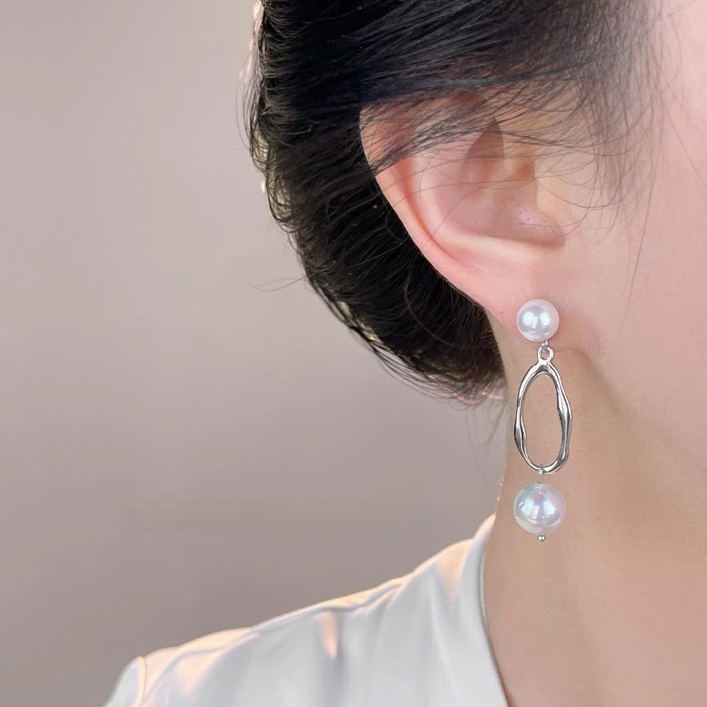 Designer Copper Glass Pearl Tassel Geometric Drop Earrings Minimalist Style For Women