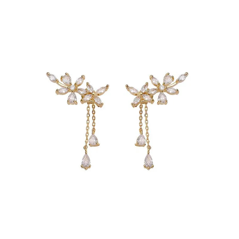 Elegant Forest Floral Rhinestone Tassel Ear Cuff Stud & Clip On No Piercing Chain Drop Earrings