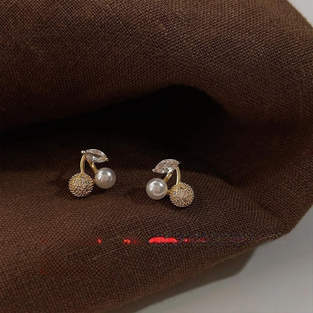 Versatile French Style Micro Pave Zircon Cherry Pearl Copper Stud Earrings For Women