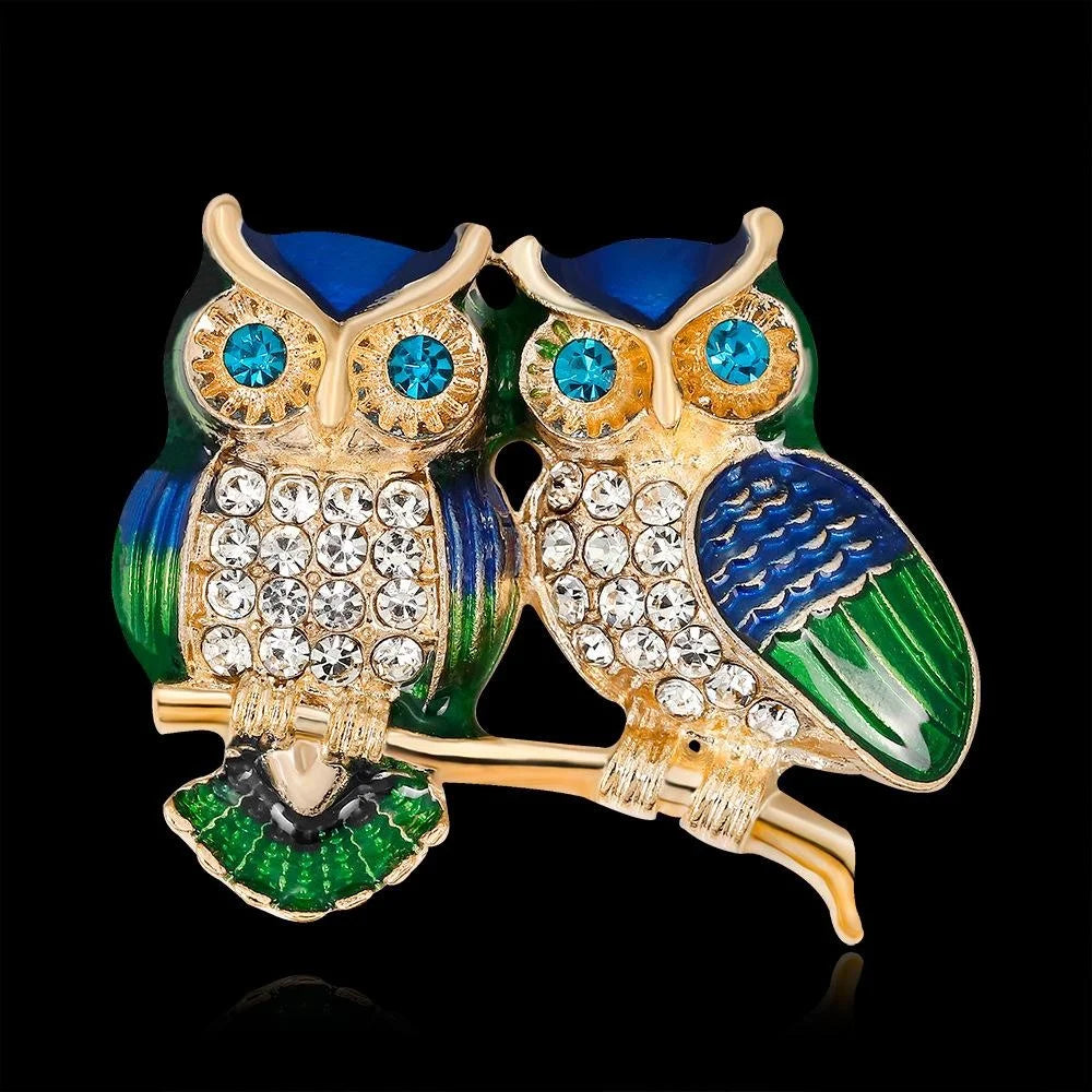 Elegant Enamel Rhinestone Alloy Double Owl Brooch, Luxury Animal Lapel Pin Corsage Suit Accessory Gift