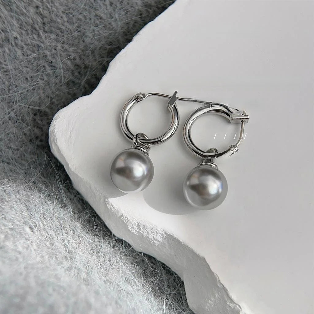 Minimalist Luxury Gray Glass Pearl Drop Earrings Copper Geometric Round Commuter Jewelry