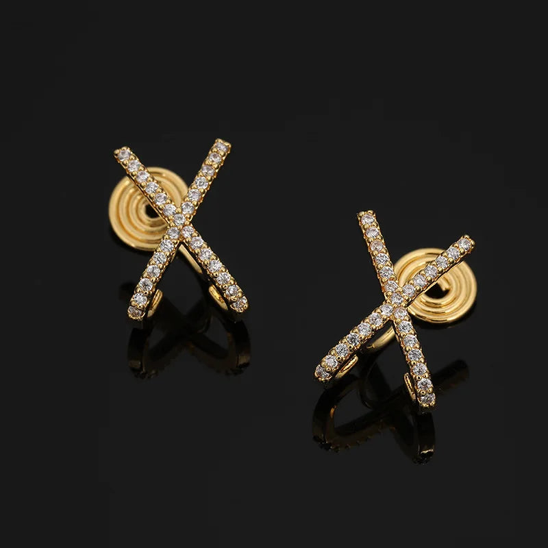 Elegant Rhinestone X Letter Cross Gold Alloy Stud & Clip On No Piercing Minimalist Micro Pave Earrings