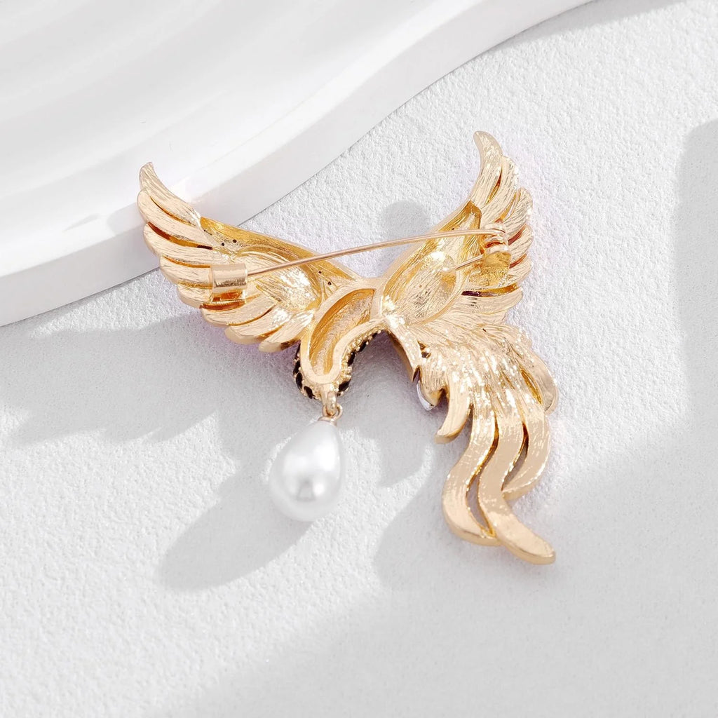 Luxury Phoenix Bird Brooch With Purple Rhinestones, Enamel Wings And Pearl Drop Lapel Pin Suit Accessory