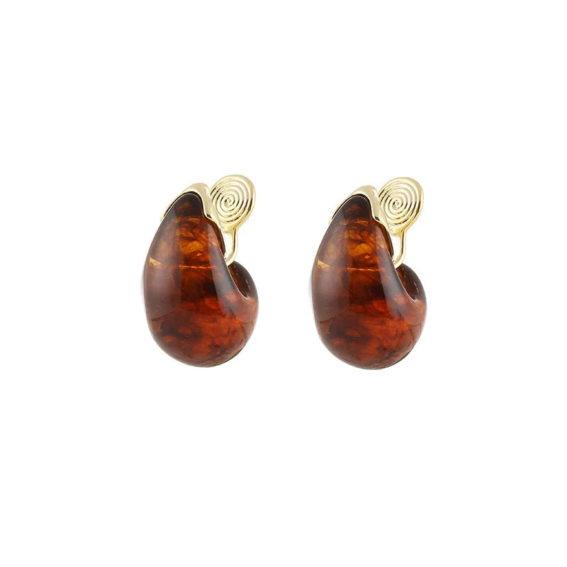 Vintage Brown Teardrop Swirl Alloy Stud & Clip On No Piercing Elegant Maillard Drop Earrings