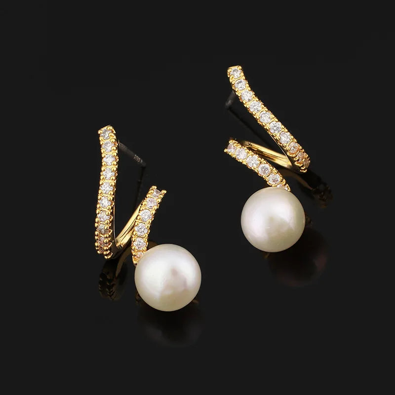 Elegant Zircon Curve Spiral Alloy Freshwater Pearl Stud & Clip On No Piercing Women's Fashion Earrings