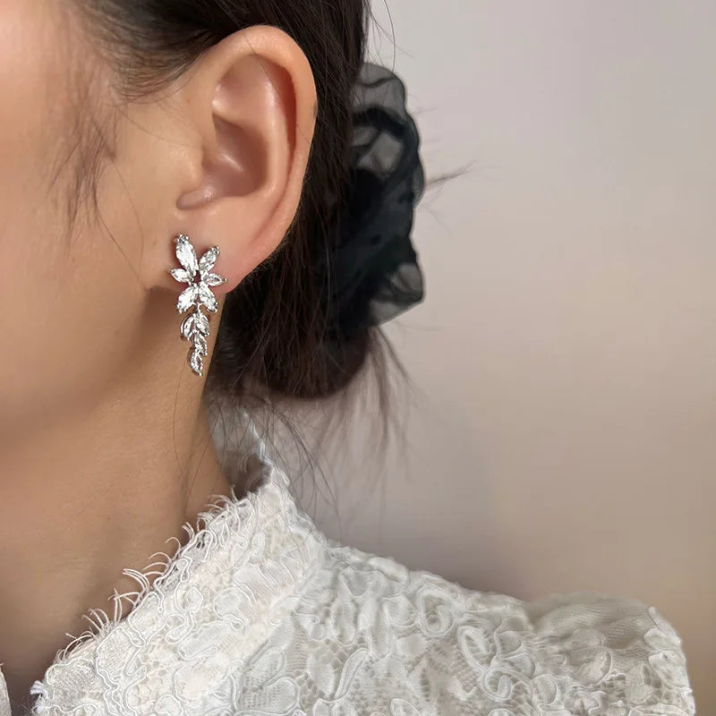 Elegant Zircon Leaf Wheat Flower Stud & Clip On No Piercing Bridal Dangle Earrings