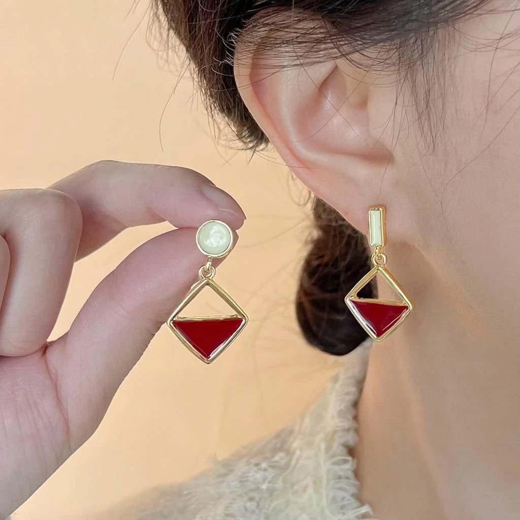 14K Gold Plated Red Contrast Square Geometric Hong Kong Retro Drop Earrings