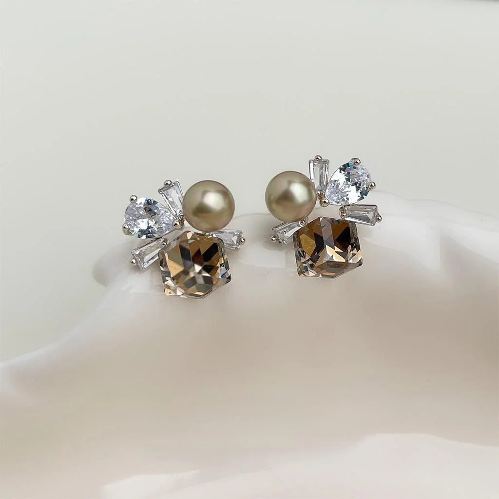 Elegant Vintage Coffee Glass Crystal Zircon Pave Copper Stud Earrings