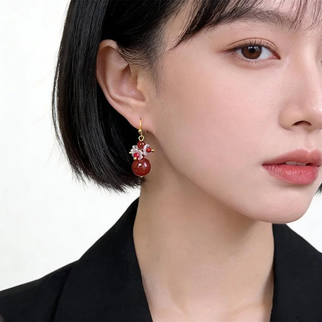 Handmade Red Agate Glass Crystal Resin Floral Geometric New Chinese Palace Style Drop Earrings