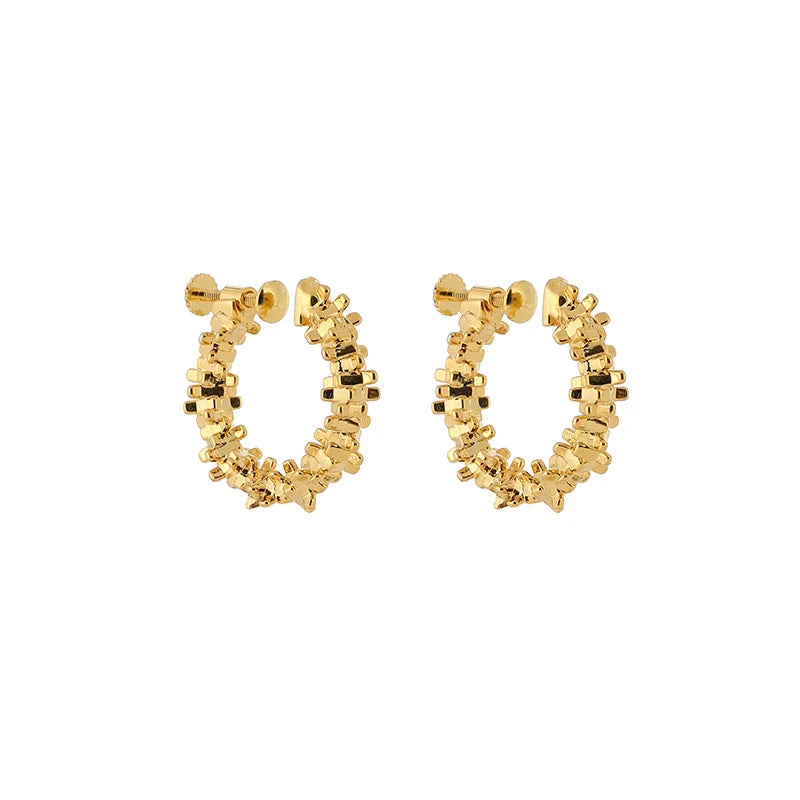 Luxury Rippled Gold Alloy Hoop Stud & Clip On No Piercing Commuter Minimal Metal Circle Earrings