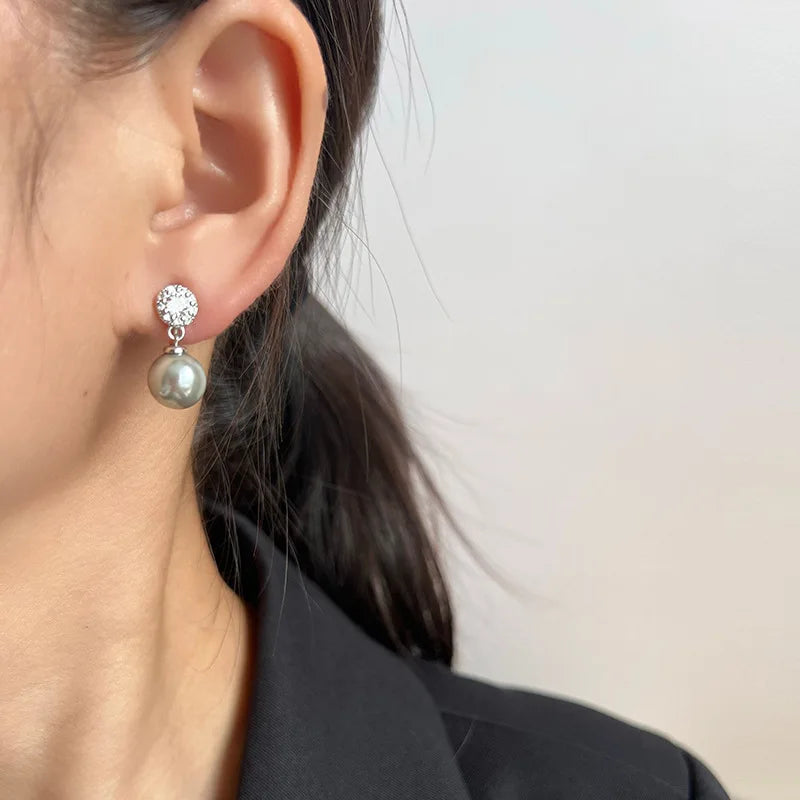 Elegant Silver Gray Pearl Drop With Rhinestone Halo Alloy Stud & Clip On No Piercing Bridal Earrings