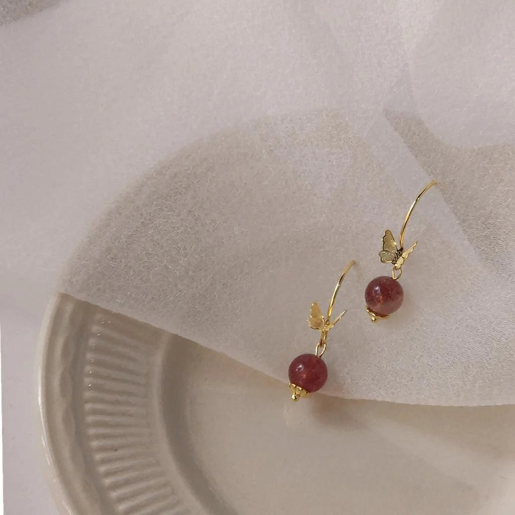 French Vintage Strawberry Quartz Beaded Butterfly Drop Earrings Sweet Elegant Long Dangle Jewelry