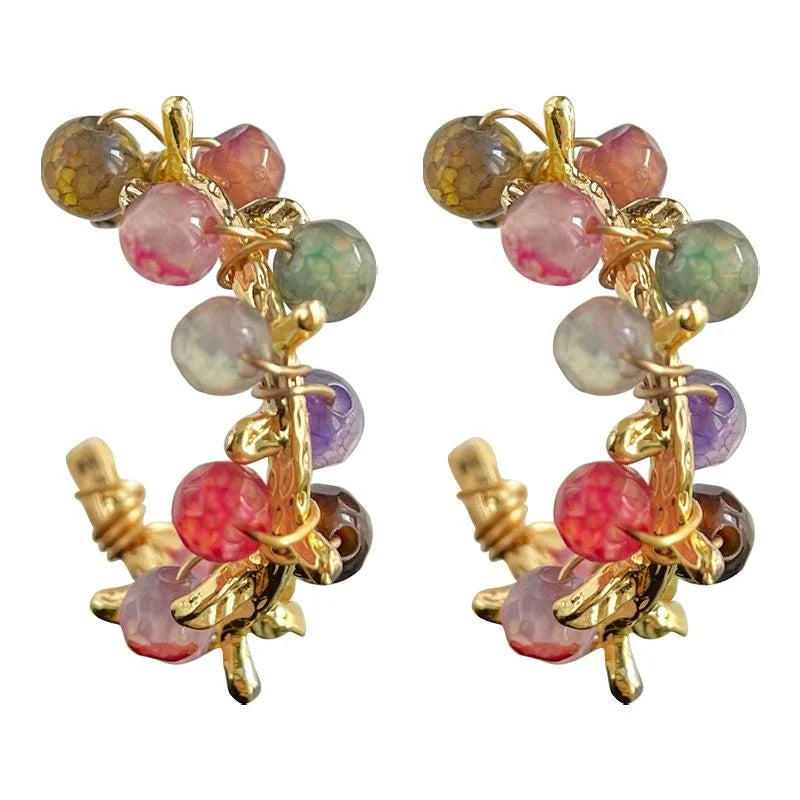 14K Gold Plated Agate Geometric Floral Wreath Drop Earrings Handmade Forest Fairy Style Summer Jewelry