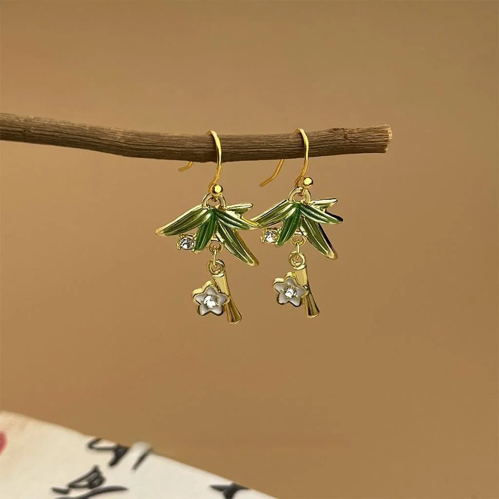 New Chinese Style Copper Bamboo Leaf Drop Earrings Minimalist Artistic Long Earrings for Women