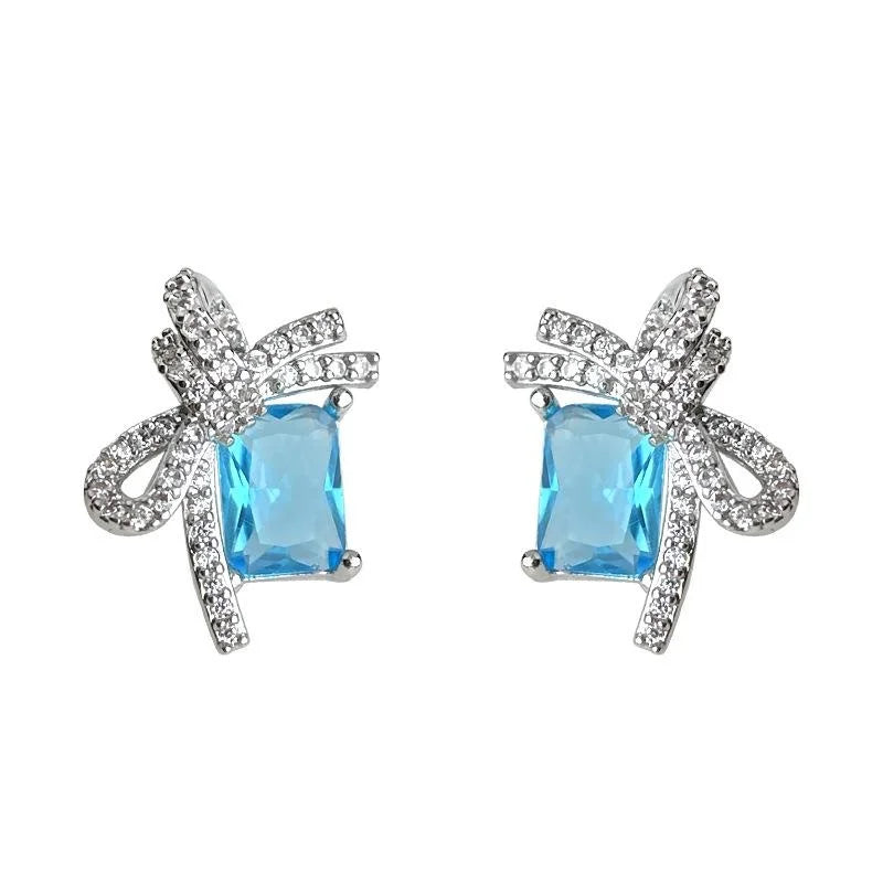 Silver Plated Copper Aquamarine Zircon Bow Stud Earrings Sweet Beach Vacation Style