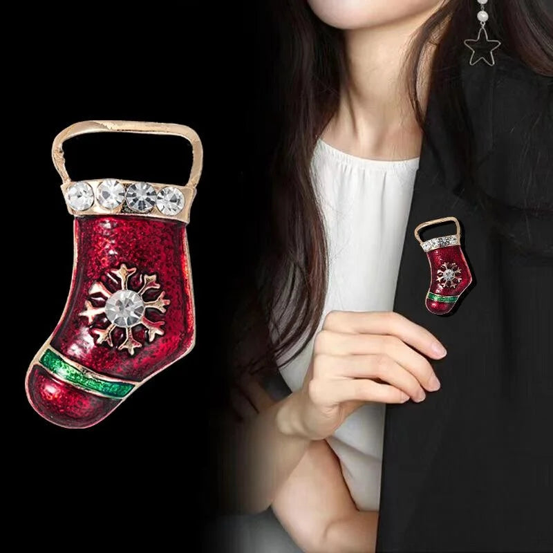 Cute Christmas Stocking Snowflake Brooch With Red Enamel And Rhinestones, Festive Lapel Pin Gift