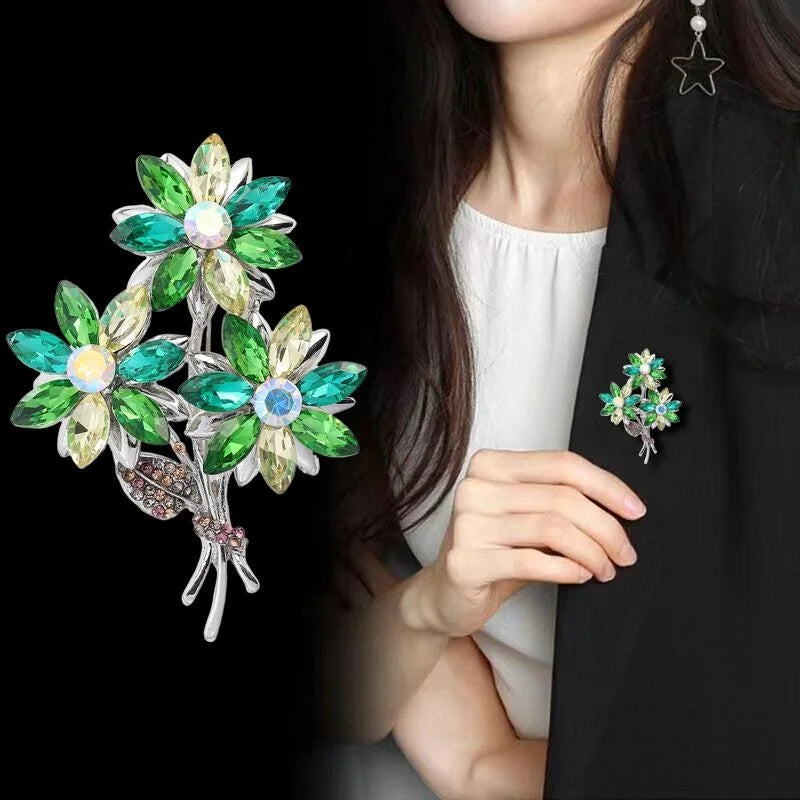 Elegant Blue Gray Rhinestone Flower Bouquet Brooch Gold Alloy Lapel Pin Corsage Suit Accessory Gift