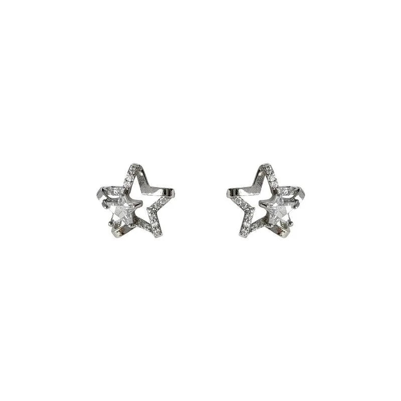 Sweet Cool Star Zircon Micro Pave Copper Stud Earrings Silver Plated Minimalist Jewelry