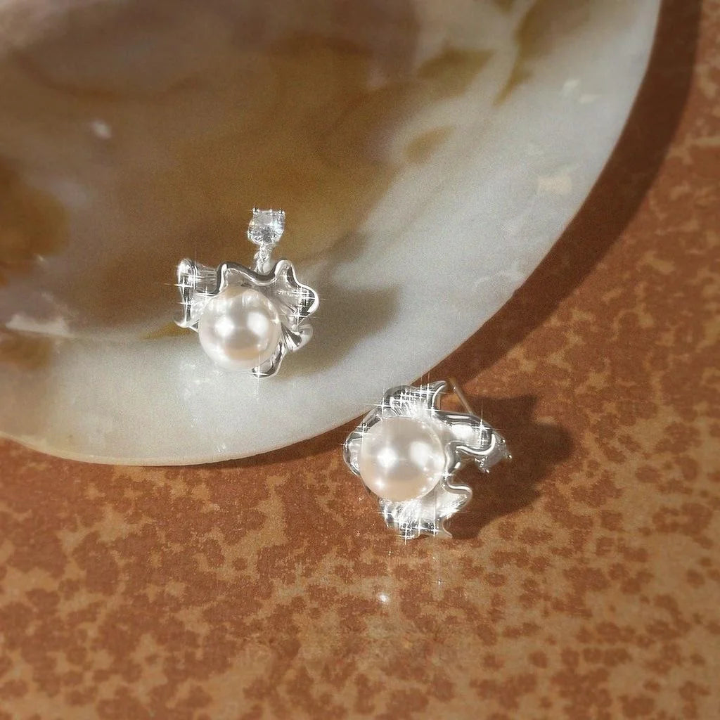 Copper French Chic Floral Petal Skirt Hem Drop Earrings With Zircon Glass Pearl