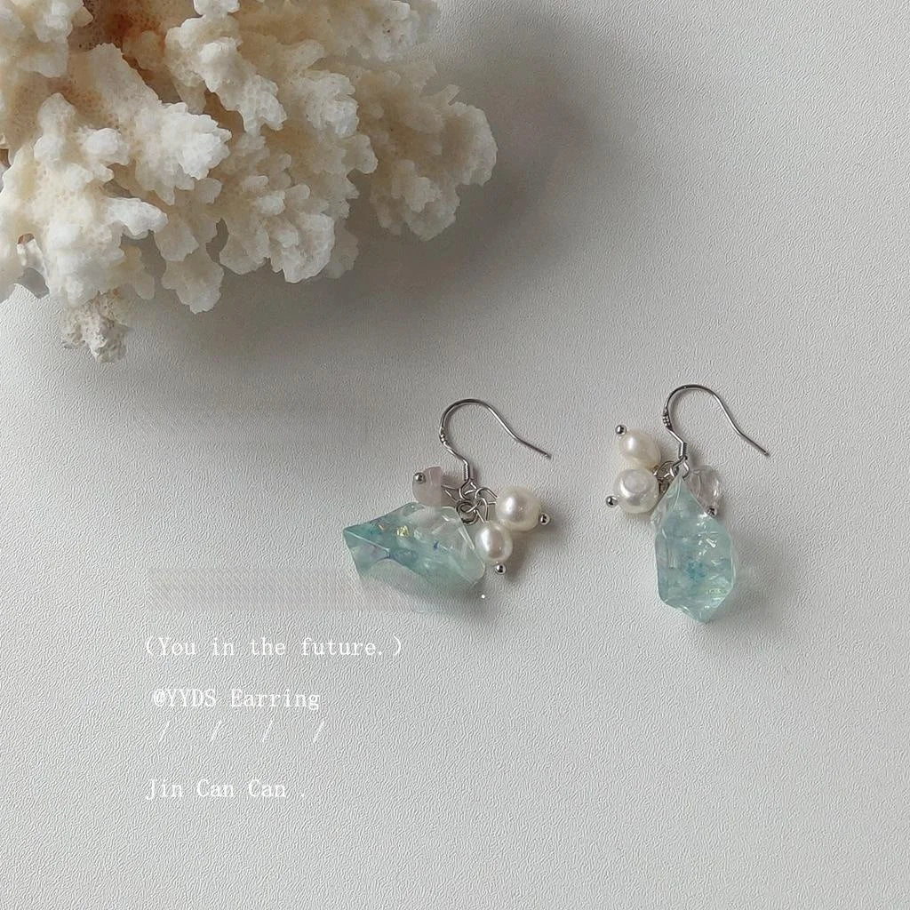 Ice Blue Ocean Acrylic Freshwater Pearl Geometric Drop Earrings, Silver Plated Pin Handmade Style