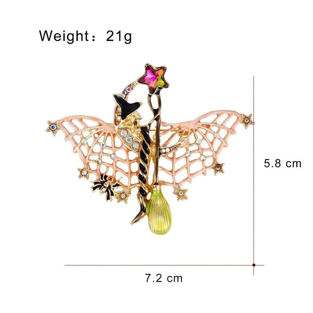 Cute Halloween Witch Bat Brooch With Enamel Wings And Rhinestones, Alloy Lapel Pin Corsage Gift