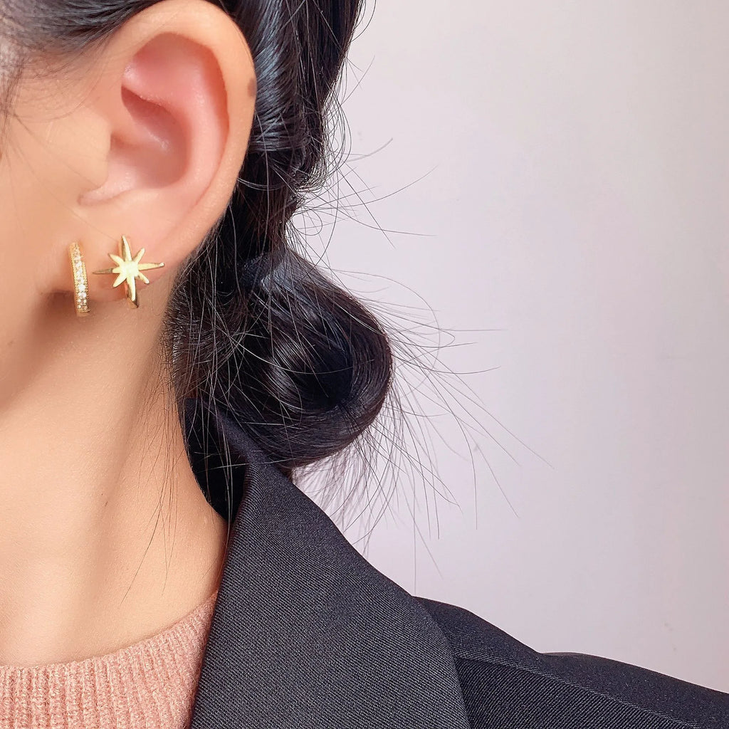 Elegant Silver Alloy Starburst Crescent Hoop Rhinestone Stud & Clip On No Piercing Earrings