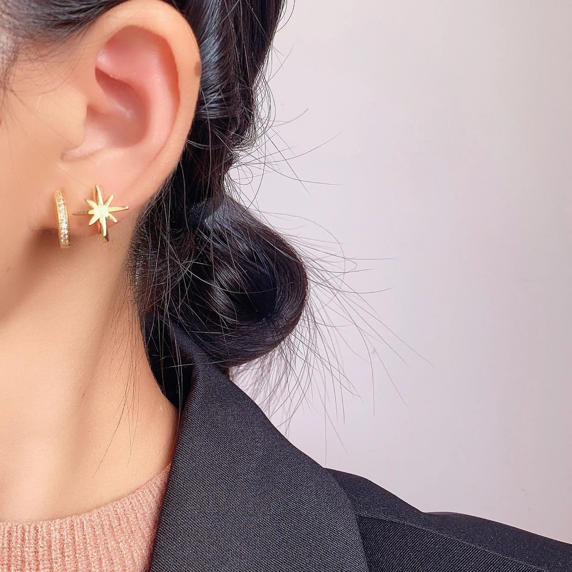 Elegant Silver Alloy Starburst Crescent Hoop Rhinestone Stud & Clip On No Piercing Earrings