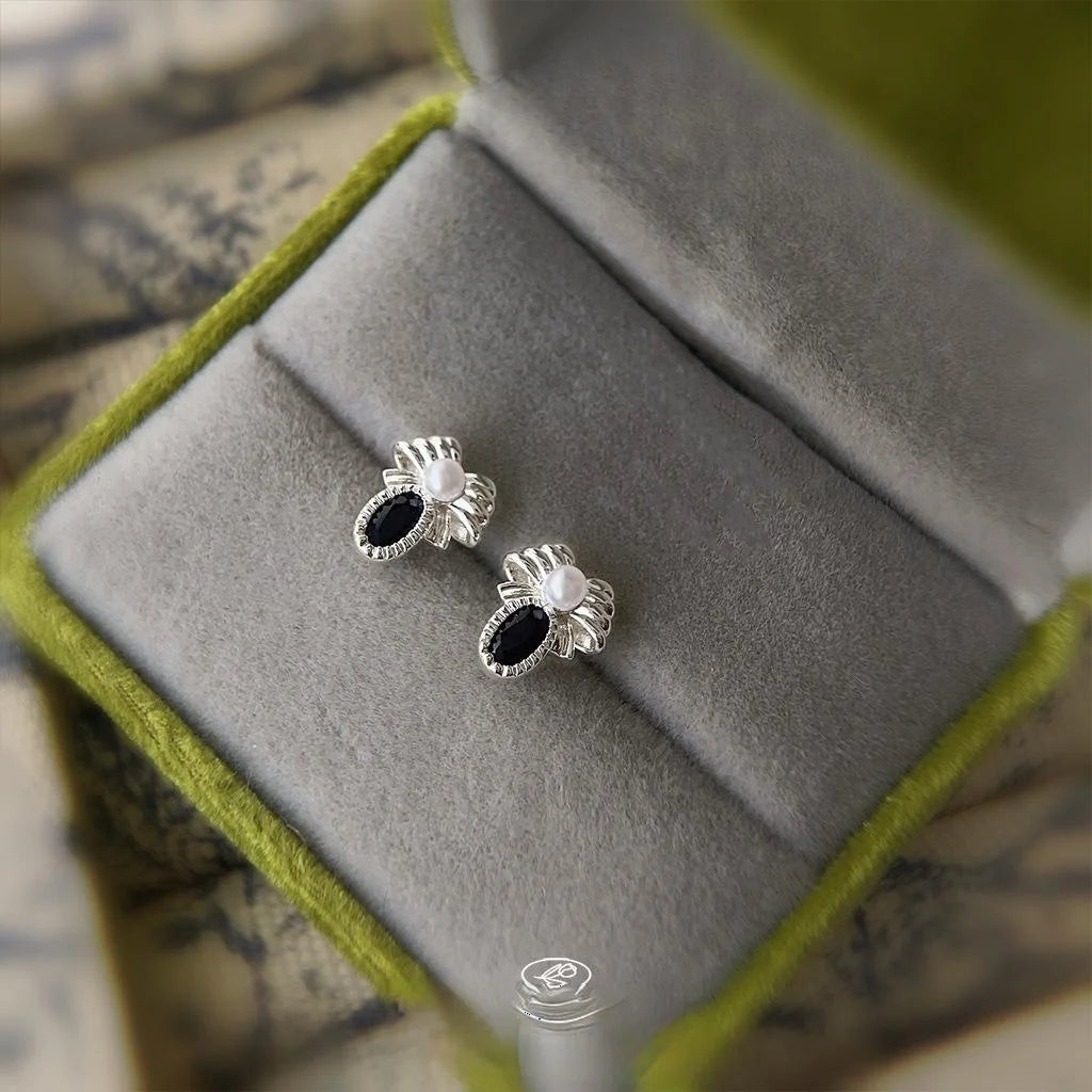 Sweet Cool Bow Stud Earrings Copper Black Zircon Pearl Minimalist Jewelry