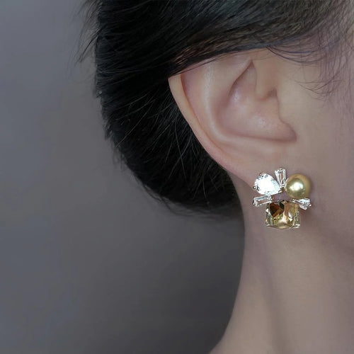 Elegant Vintage Coffee Glass Crystal Zircon Pave Copper Stud Earrings