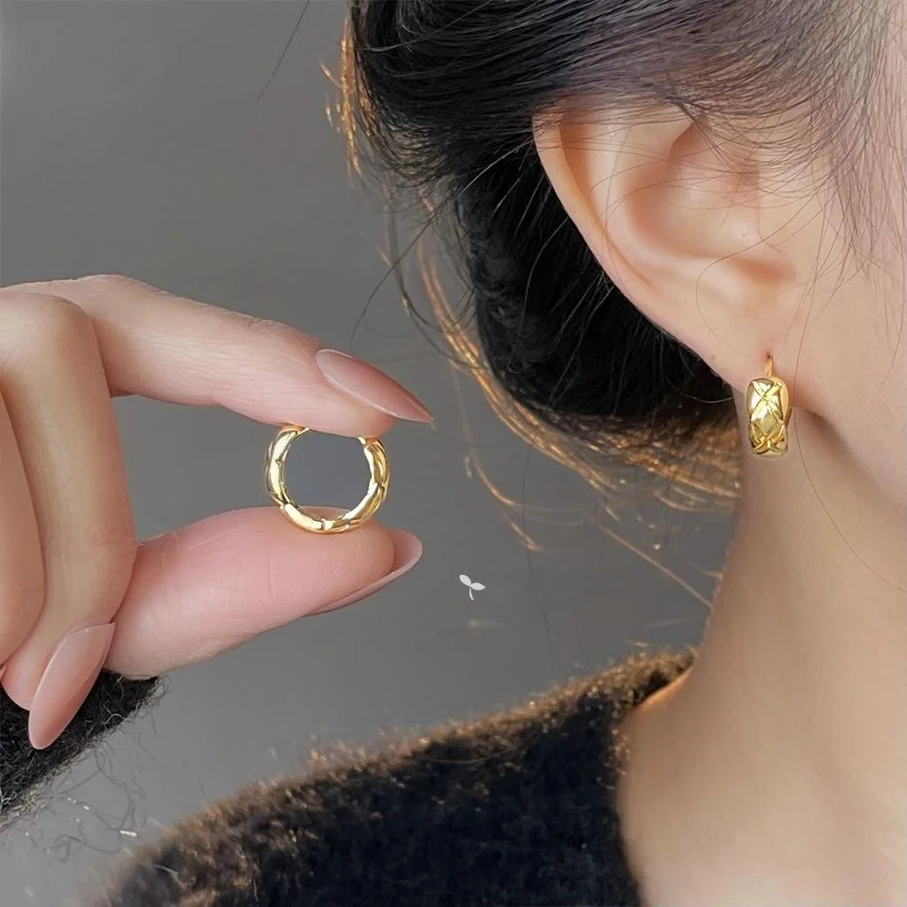 14K Gold Plated Copper Geometric Diamond Lattice Round Stud Earrings For Women