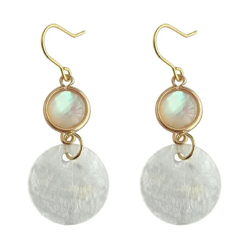 French Vintage Copper And Real Shell Round Geometric Drop Earrings Elegant Handmade Jewelry