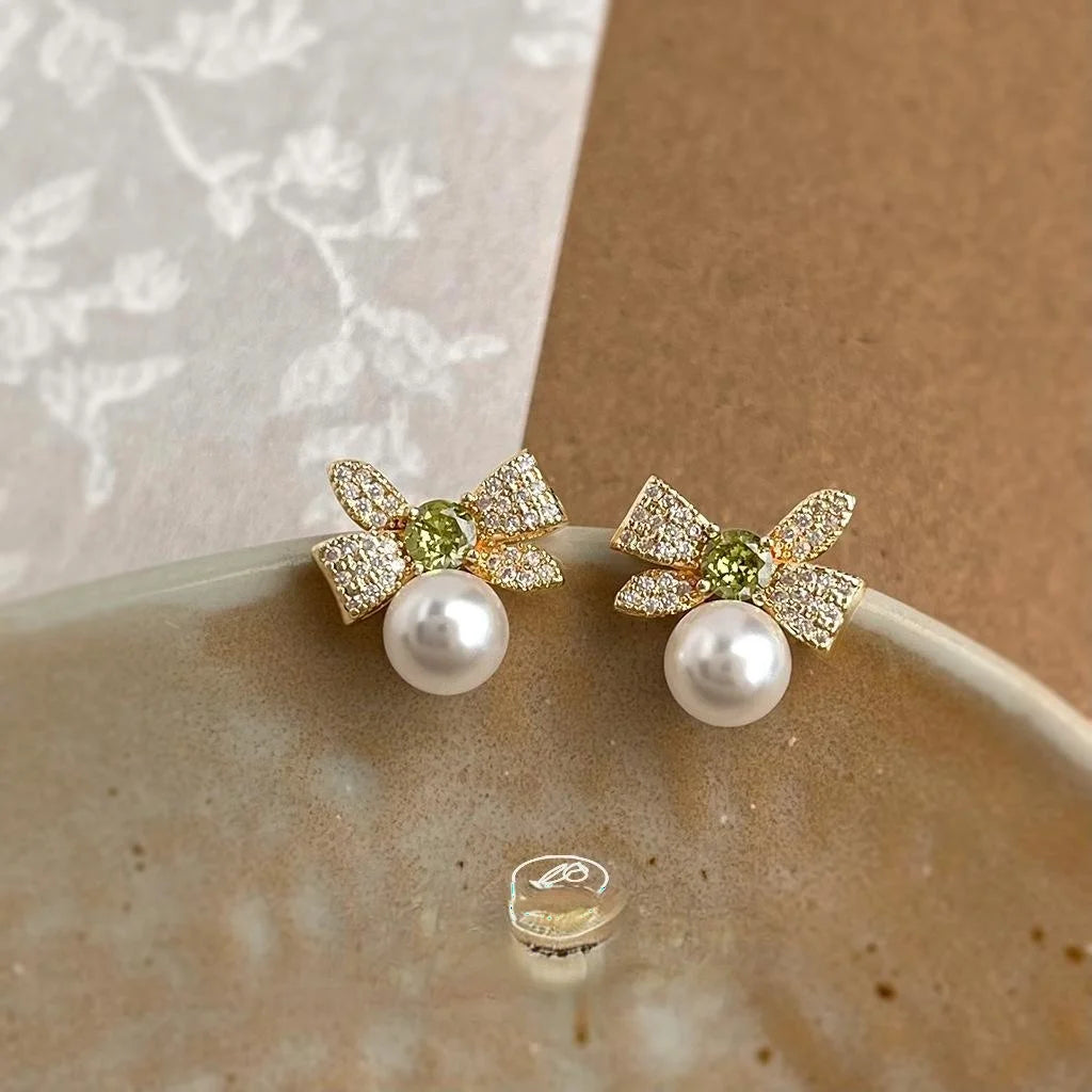 14K Plated Copper Bow Pearl Stud Earrings With Micro Pave Zircon, Sweet Fashion Jewelry