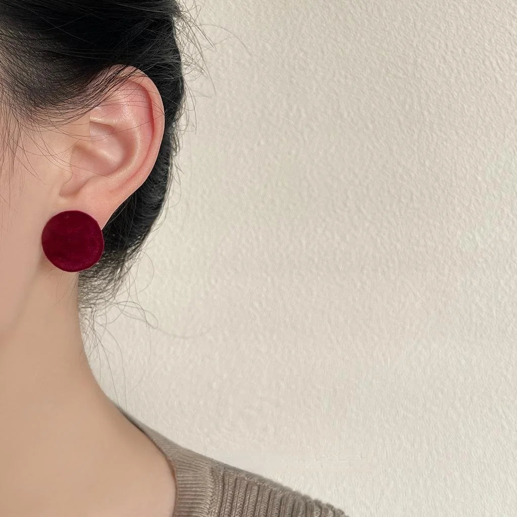 Vintage Hong Kong Style Burgundy Flocked Furry Curved Irregular Round Geometric Stud Earrings